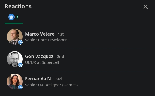 The reactions on my comment: a like from the Supercell UI/UX designer who made the post, plus a senior core developer and a senior UX designer