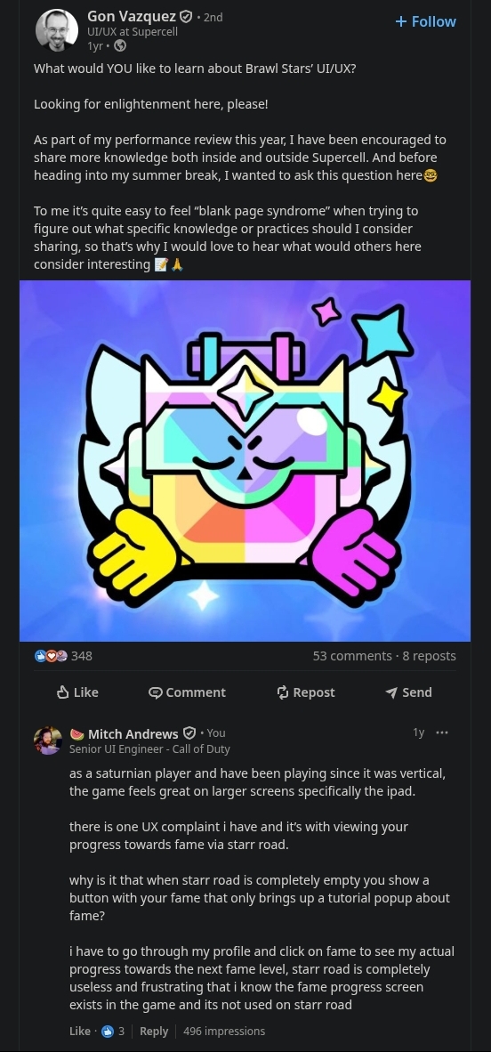 LinkedIn post from a Supercell UI/UX designer asking what people would like to learn about Brawl Stars' UI/UX, with my comment reporting the fame progress issue