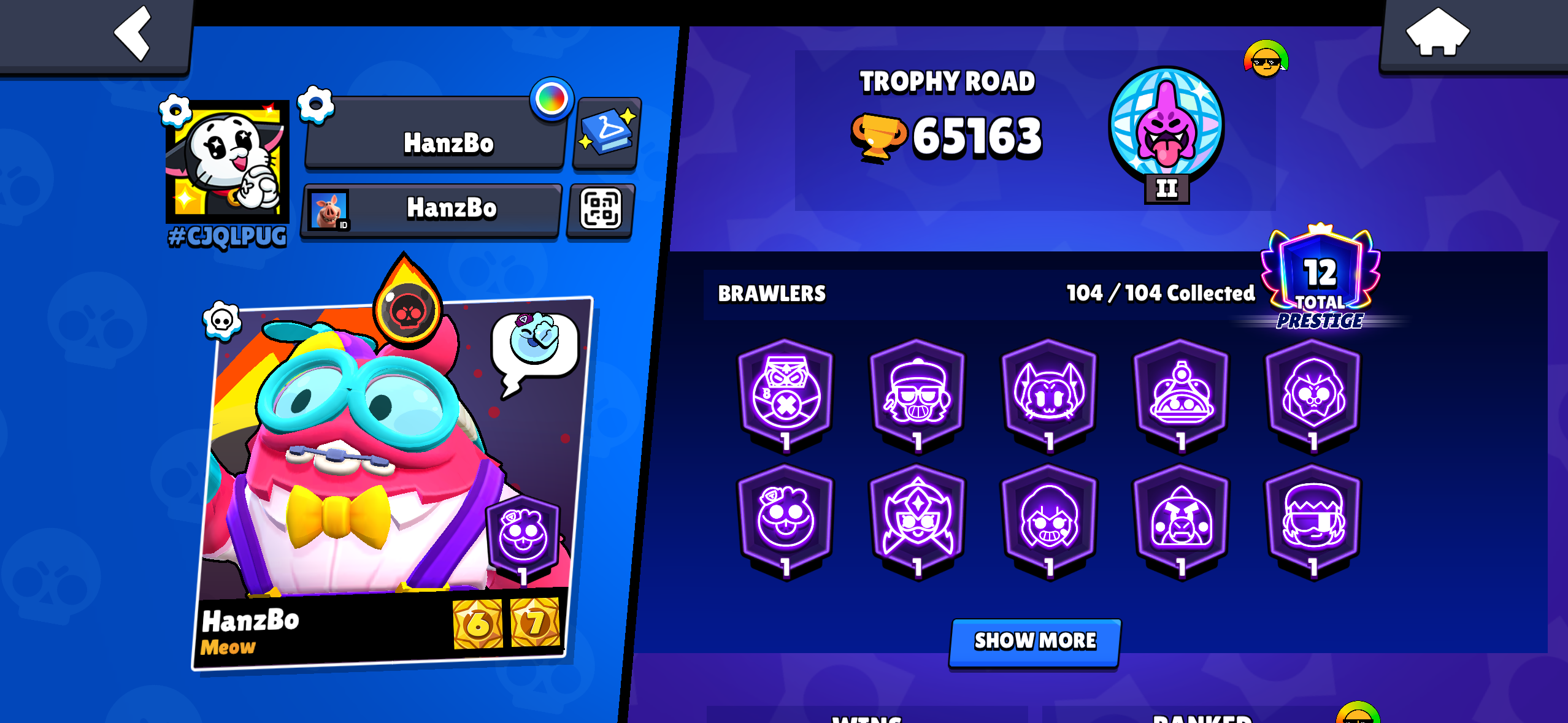 The Brawl Stars profile screen showing Trophy Road and collected brawlers