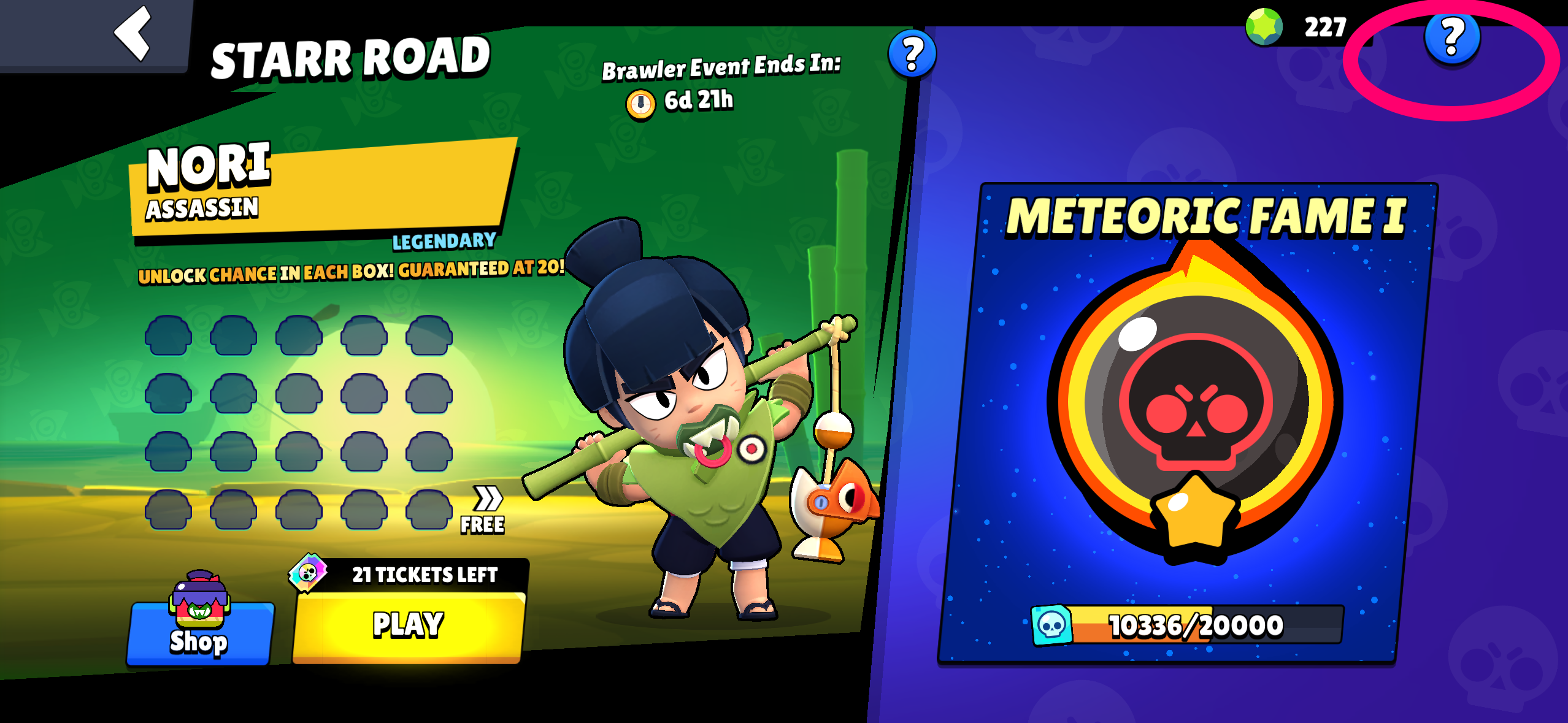 Starr Road screen with the Meteoric Fame panel and its help button circled